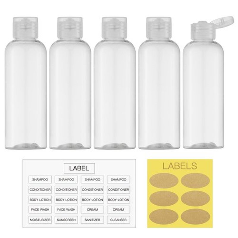 LISAPACK 3.4Oz Travel Bottles with Flip Cap (5 Pcs) Empty Dispenser Container for Travel Size Cosmetics (100ml, Clear Cap)