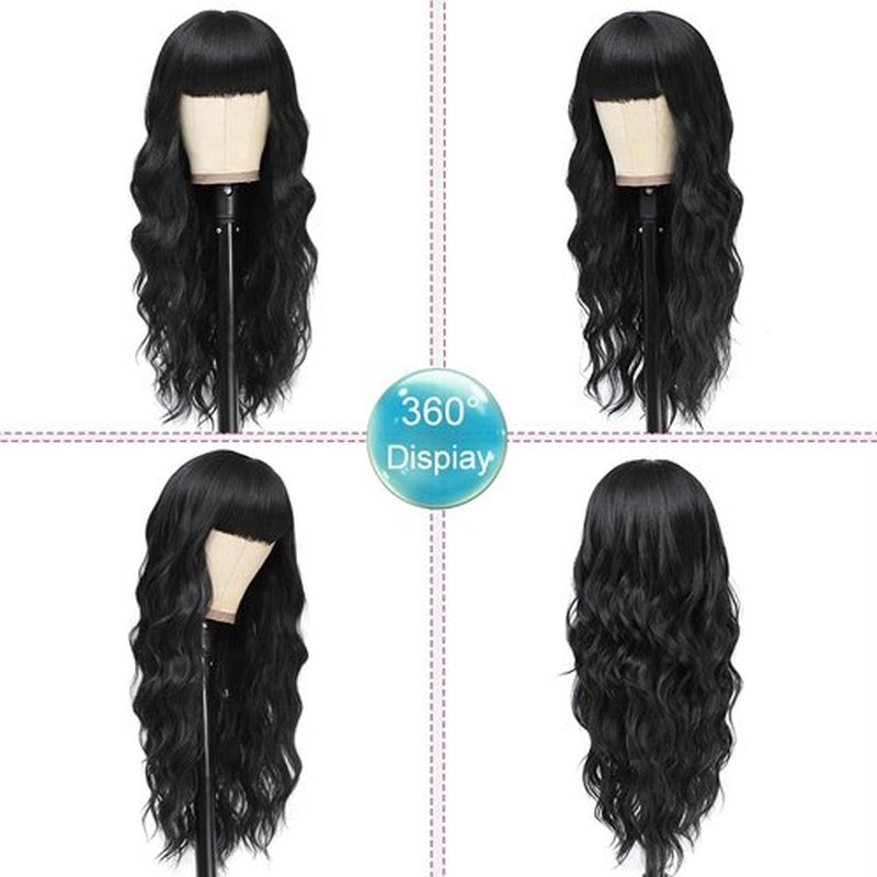 Black Wig with Bangs Long Wavy Black Wigs for Women 26Inch Synthetic Natural Looking Hair Replacement Wig for Daily Party Use Cosplay Costume Halloween Wig