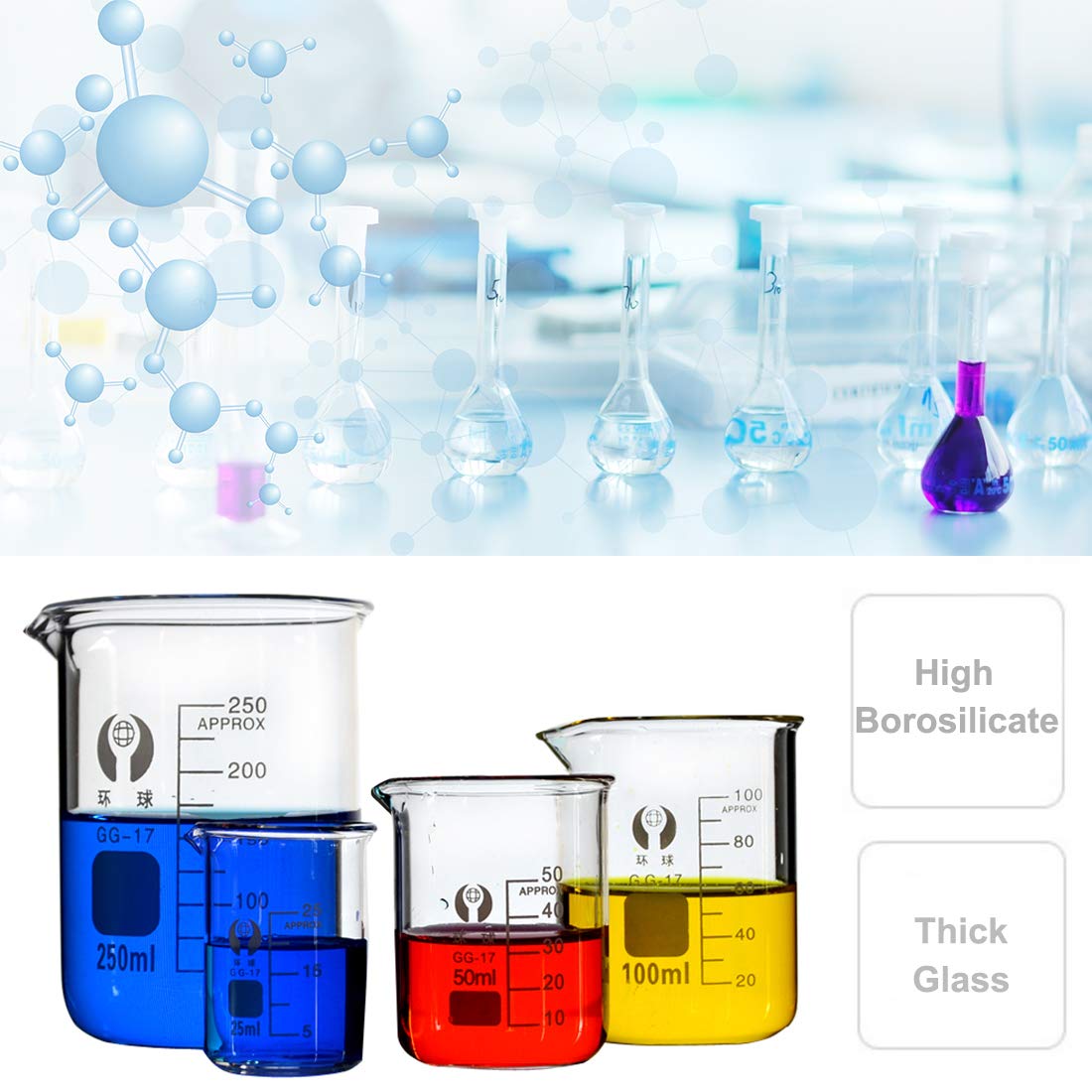 Glass Beakers Set, ZEEROQOLAB 5pcs Measuring Beaker 1000ml 500ml 250ml 100ml 50ml with 2pcs Cleaning Brush, 3pcs Droppers and 2pcs Glass Stirring Rods