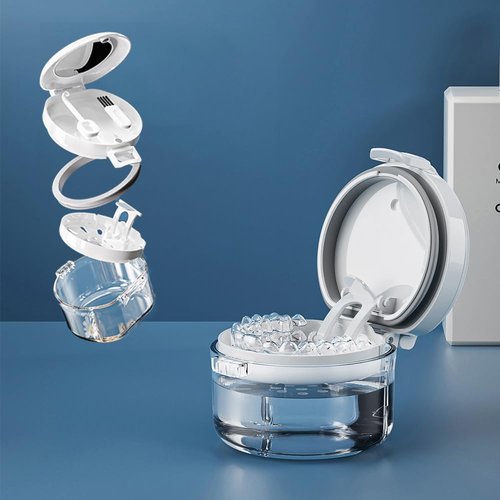Denture Bath Cup with Strainer Brush, 2 in 1 Leak Proof Portable Soaking Denture Case Retainer Case Mouth Guard for Dentures and Braces（White）