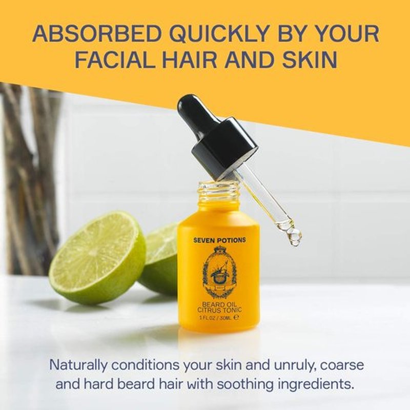 SEVEN POTIONS Beard Oil 1 fl oz Gentle Beard Softener. Stops Beard Itch. 100% Natural, Beard Conditioning Oil With Citrus Scent & Jojoba Oil (Citrus Tonic)