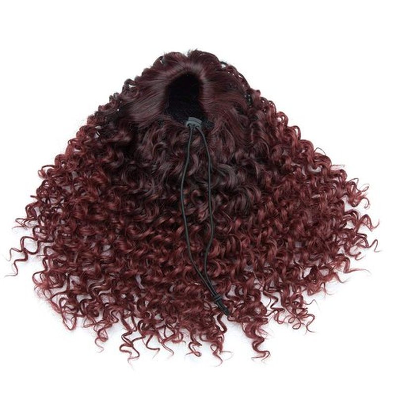 Hairro Afro Kinky Curly Ponytail Extensions Short Synthetic Hair 8 Inch Drawstring Deep Wave Puff Hairpieces for Black Women Ombre 1B/BURG Red