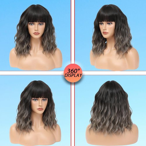 Short Wavy Gray Wig with Bangs 14inch Ombre Grey Highlight Brown Wigs for Women Short Curly Bob Wigs Synthetic Natural Looking Hair Replacement Wigs Costume Cosplay Halloween Wig(14'' Ombre Gray)
