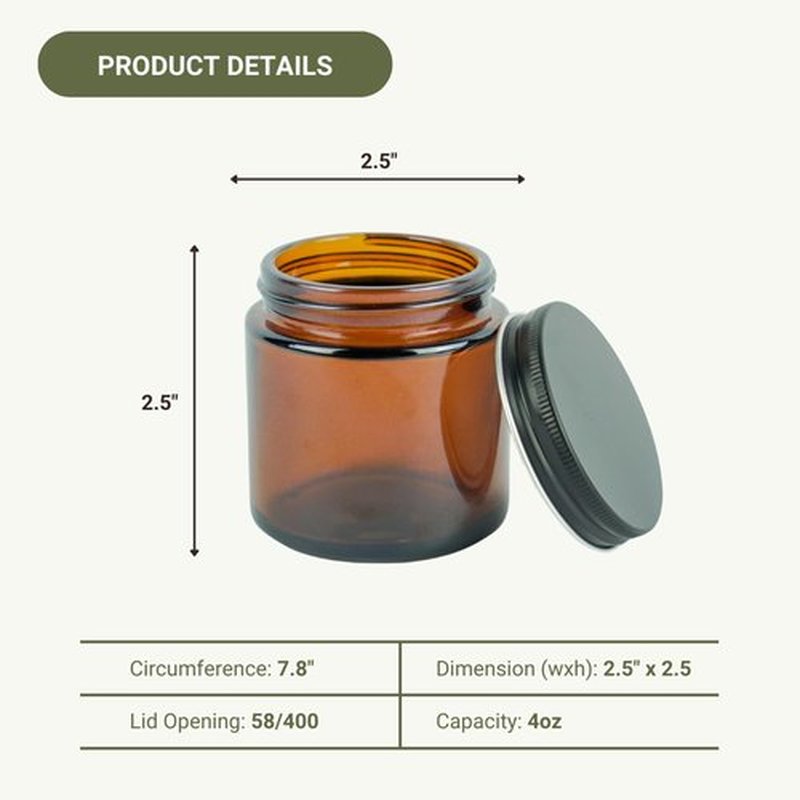 Nature Packaged Glass Amber 4oz Jar - 12 Packs, Empty Round Jars For Beauty Products, Lotion, and Powders - Black Lid - Small Candle Jars