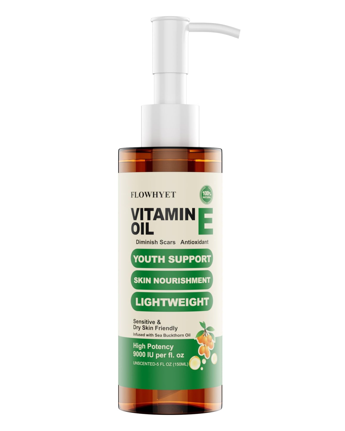 FLOWHYET 5 FLoz Organic Vitamin E Oil for Skin, Pure Vitamin E Oil for Scar, Stretch Marks, vit e for Cuticle, Skin and Hair, Lightweight Unscented Body Oil Moisturizing -150ML