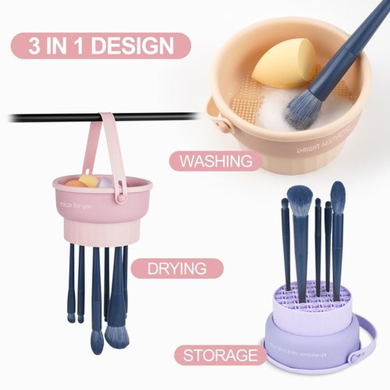 Ranphykx Makeup Brush Cleaner Mat 3 in 1 Silicone Makeup Brush Cleaning Bowl with Drying Holder Brush Cleaning Scrubber Tool Cosmetic Brush Cleaner with Holder for Storage Stand (Pink)
