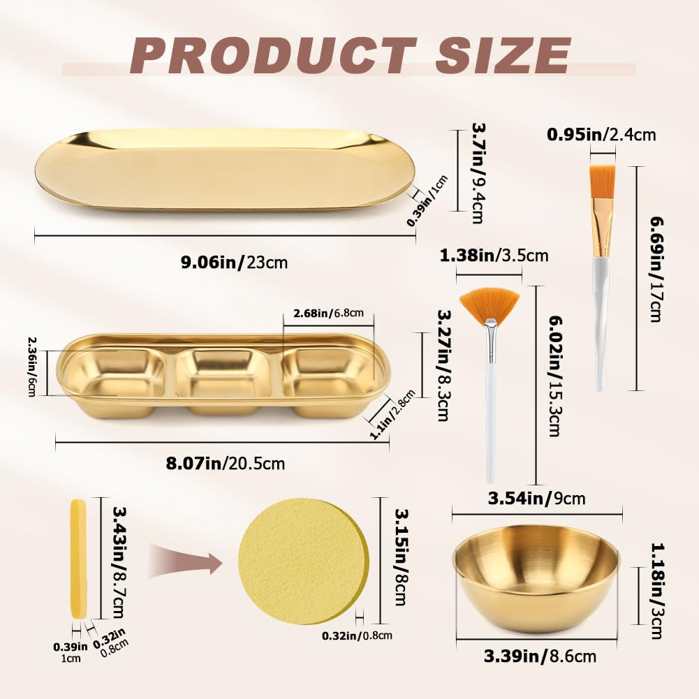 23Pcs Esthetician Supplies for Facials Set, 3 Gold Mixing Bowls Serving Tray 3- Compartment Serving Tray 3- Facial Fan Brushes 3-- Flat Brushes, 12 Facial Sponge Compressed Round