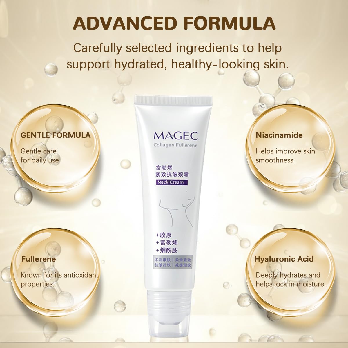 Aiwejay Magic Collagen Fullerene Neck Cream with Roller, Firming & Tightening Neck Cream with Collagen Peptides, Anti-Wrinkle Moisturizing Neck Skincare for Smoother, Youthful-Looking Skin
