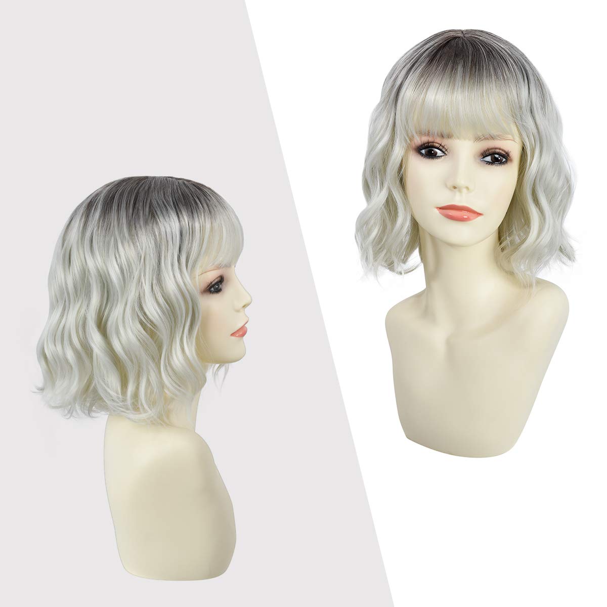 Rose bud Wavy Bob Wig with Bangs Natural Ombre Silver Wig Synthetic Hair Shoulder Length Short Hair Curly Wigs for Women