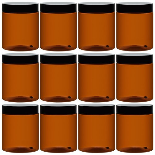 TUZAZO 8 Oz Amber Plastic Cosmetic Jars Leak Proof Container with lids for Cream, Lotion, Powder, Ointments, Beauty Products, 12 Pcs