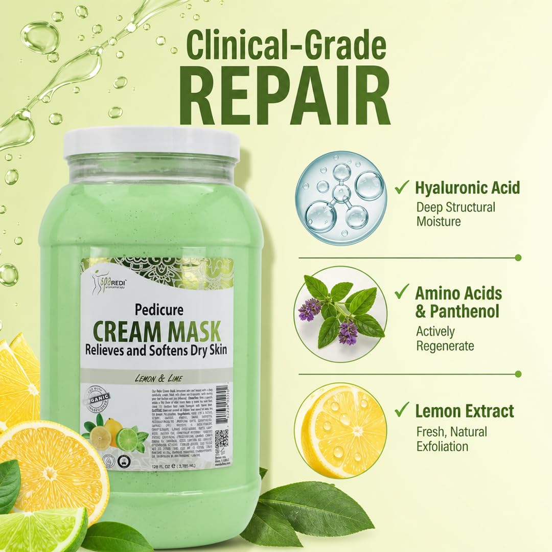 SPA REDI Lemon Pedicure Massage Cream & Foot Mask – Hyaluronic Acid, Amino Acids & Panthenol for Cracked Heels & Dry Skin | Paraben-Free, Silicone-Free, Cruelty-Free | Made in USA | 128 oz