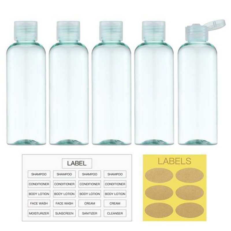 LISAPACK 3.4Oz Travel Bottles with Flip Cap (5 Pcs) Empty Dispenser Container for Travel Size Cosmetics (100ml, Light Green)