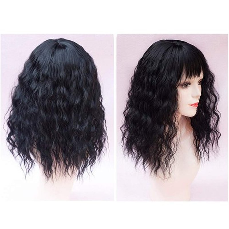 RemeeHi Clip on Curly Wavy Synthetic Top Wiglet Hairpieces for Thinning Loss Hair， Topper Hairpieces with Bangs for Women Natural Black 18 inch(Thin)