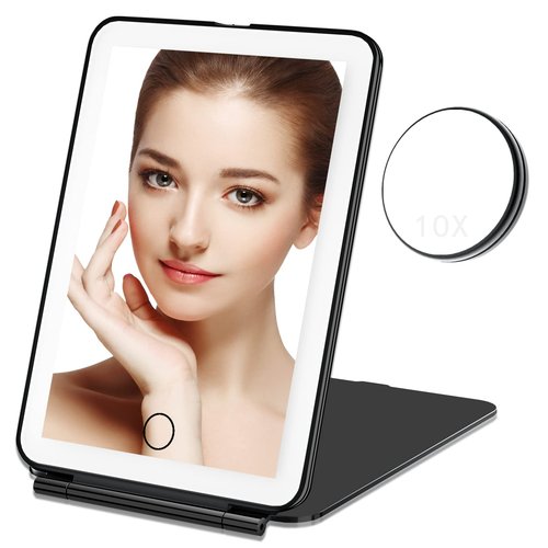 Mecion Makeup Mirror with 10X Magnifying Mirror, Vanity Mirror with 80 LED Lights, Compact LED Mirror, Portable Cosmetic Mirror with 3 Color Lights, Travel Accessories for Women (Black)