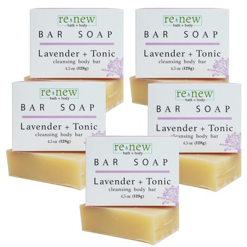 renew bath + body Natural Bar Soap, Lavender & Tonic, Handmade in the USA by Cold Process with a Moisturizing Oil Blend Infused with Shea Butter - 5 Pack, 4.5 ounce bars