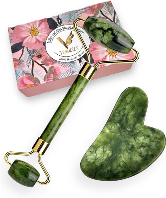 VIVIDUS Gua Sha and Jade Roller Set - Facial Massage Tool for Wrinkle Reduction | Green Self-Care Gift Set