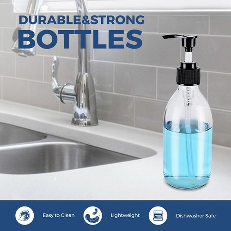 Glass Pump Bottle Dispenser 10.8 oz，Homepicker Lotion Bottle with Pump for Body Oil，300ml Glass Bottles with 1 Extra Pump Tops, Black Caps, Labels - 2 Pack