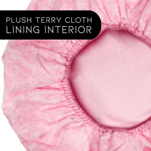 Reusable Nylon Shower Cap & Bath Cap, Reversible Oversized Waterproof Shower Caps Large Designed for all Hair Lengths w Terry Lining & Elastic Band Stretch Hem Hair Hat - Socialite Pretty in Pink Lace