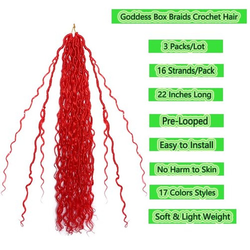 BALINGHAIR Goddess Locs Crochet Hair Red 22 Inch 3 Packs Bohemian Faux Locs Crochet Hair With Curly Ends Pre Looped Hair Extensions 16 Roots/Pack(Red)