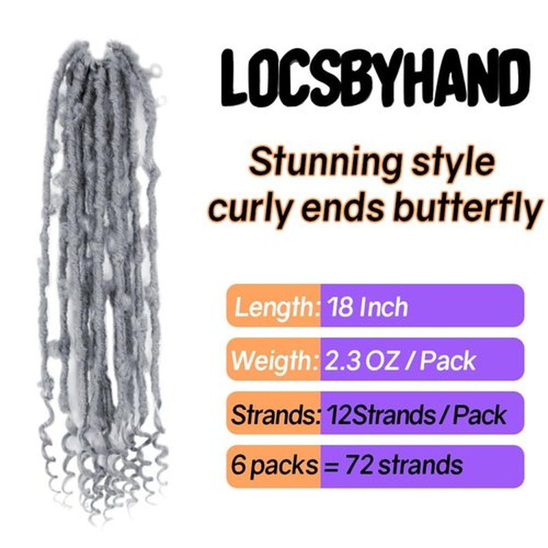 Crochet Butterfly Locs with Curly Ends 18 Inch, Boho Distressed Butterfly Locs Crochet Hair, Gray Bohemian Goddess Faux Butterfly Braids with Curly Ends (6 Packs, Gray)