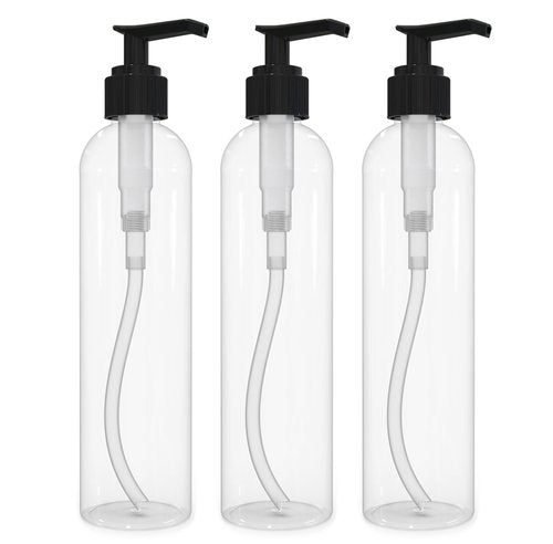 BRIGHTFROM Lotion Pump Bottles, Empty 8 OZ, BPA-Free Refillable Plastic Containers, Clear with Black Dispenser for - Soap, Shampoo, Lotions, Liquid Body Soap, Creams and Massage Oil (3 Pack)