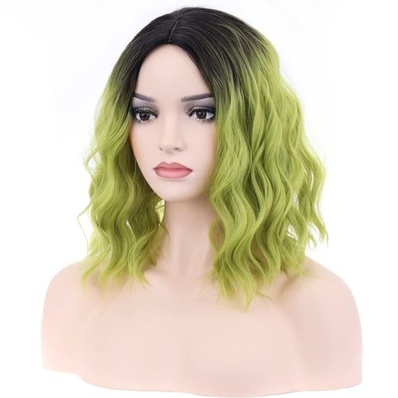 MAGQOO Green Wig for Women Green Wig Short Curly Wavy Hair Wig Dark Roots Two Tones Middle Part Synthetic Heat Resistant