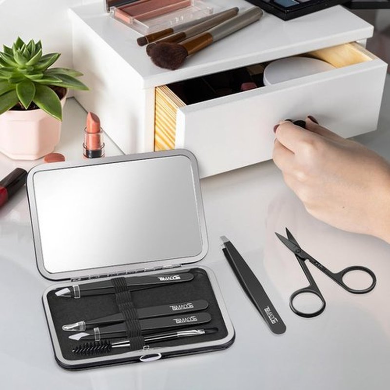 TsMADDTs Tweezers Set for Men - Professional Eyebrow Tweezers - Precision Tweezers for Hair & Ingrown Hair Plucking with Scissors, Mirror, Travel Case (Black)