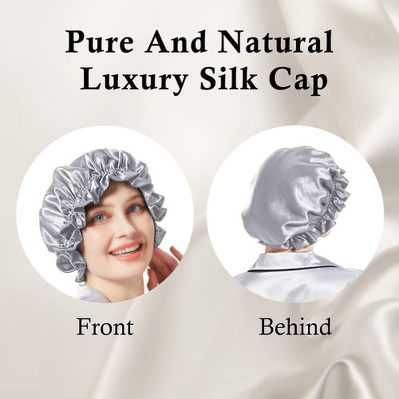 Silk Bonnet for Hair Care, Natural Silk Cap for Sleeping and Shower, Double-Lined, 6A-grade Mulberry Silk Turban Light Grey