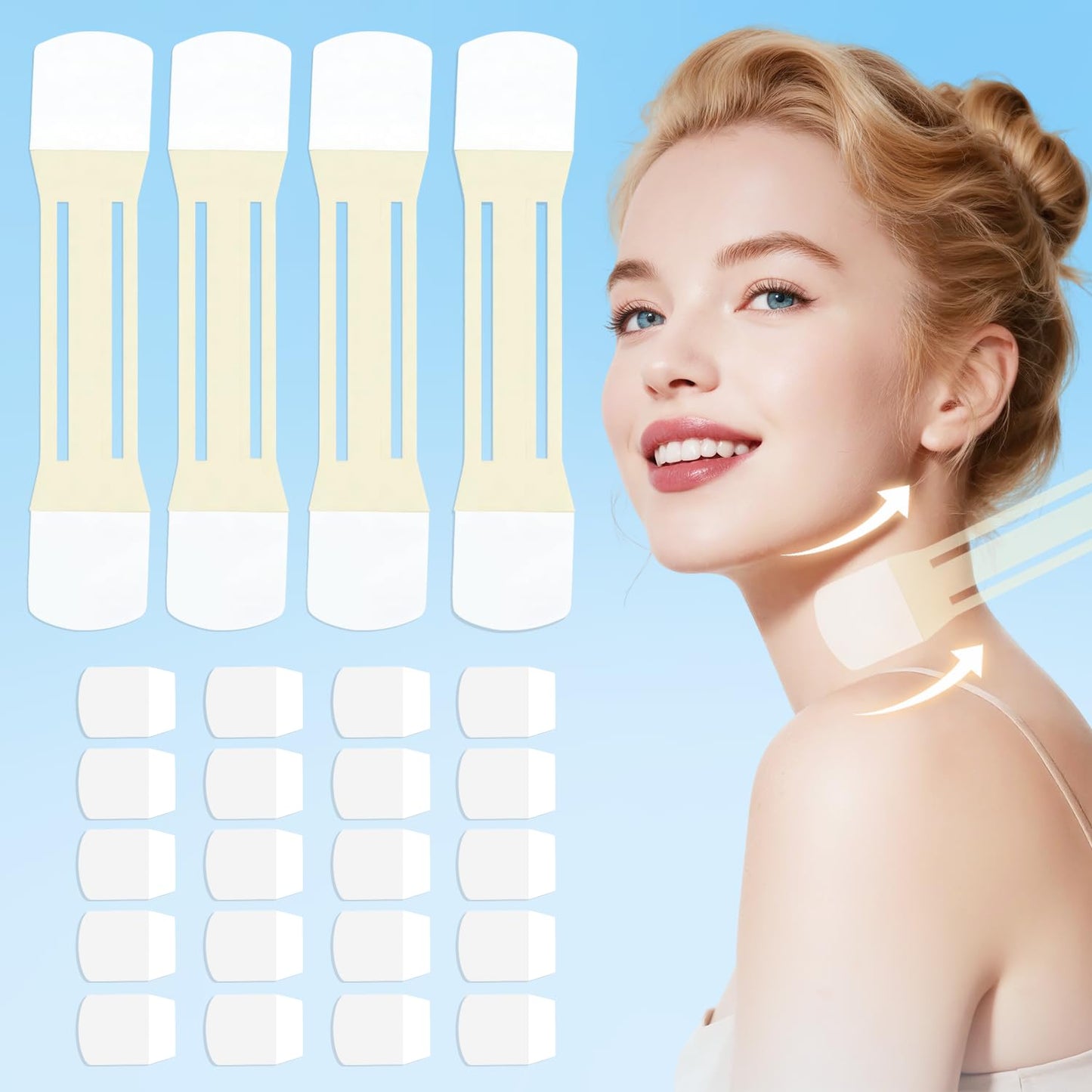 Neck Lift Tape Invisible Behind Neck – 20 PCS+4 Strips, Reusable Durable Waterproof Neck Wrinkle Patches, Invisible Lifting Neck Strips for Double Chin, Jowls & Wrinkles, Instant Face & Neck Lift