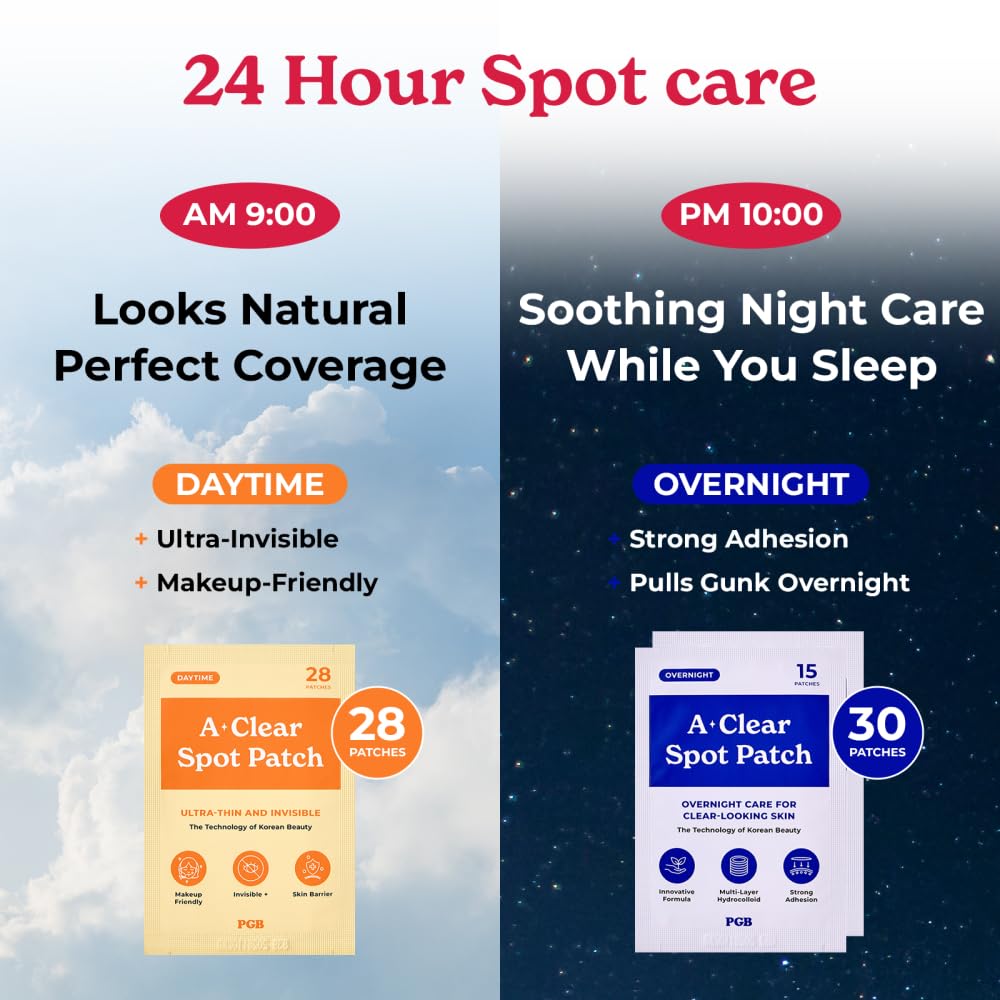 PGB A-CLEAR SPOT Pimple Patches, 3 Sizes – Day & Night Hydrocolloid Acne Patches – Invisible, Absorbs Zits & Blemishes, Korean Skin Care (174 Count)