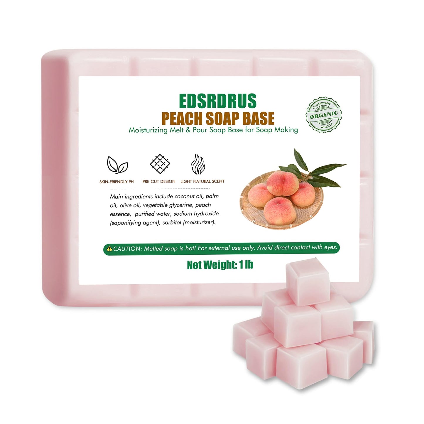 EDSRDRUS 1lb Scent Soap Base DIY Handmade with Peach & Coconut Oil, Moisturizing Melt and Pour Soap Base
