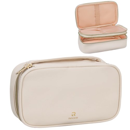 Relavel Travel Makeup Bag, Small Makeup Bag for Women, Makeup Organizer Pouch, Compact Cosmetic Bag, Double-layer Makeup Bag with Brush Holder, Waterproof Makeup Brush Holder (White)