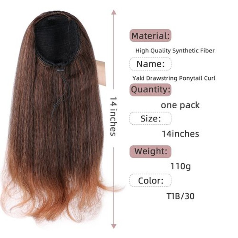JVILO Drawstring Ponytail Extensions yaki Ponytail Curly ends Natural Wavy Synthetic Curly Clip Pony Tails 14inch Ponytail Black Women(14inches, 1B-30)