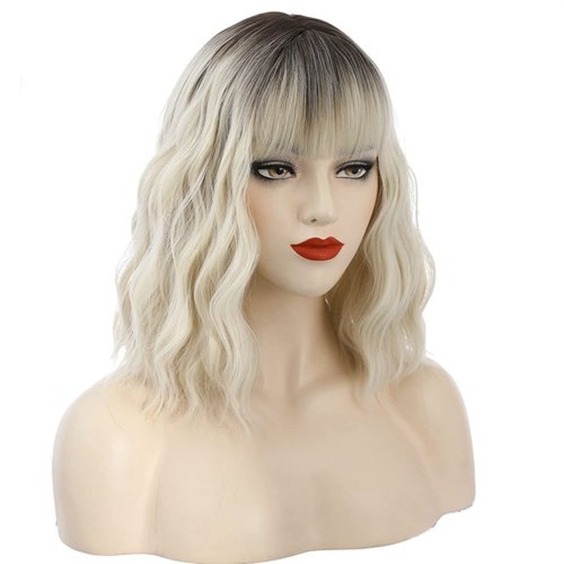 PATTNIUM 14'' Blonde Wig Short Wavy Wig Ombre Blonde Wig with Bangs Blonde Ombre Wig for Women Girls Heat Resistant Synthetic Wig (Ombre Blonde)