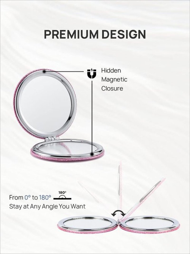 OMIRO 1X/10X(300R) Magnifying Compact Mirror with PU Leather, Ultra-Portable for Purses and Travel, Round Pink