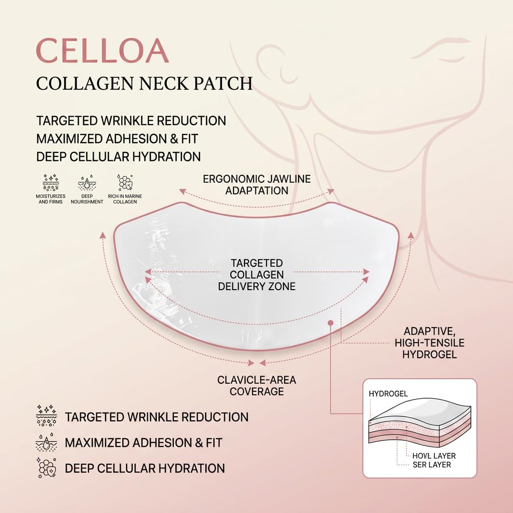 Derperzi Celloa Neck Patch, Collagen Neck Wrinkle Patches, with Peptide + Hyaluronic Acid, Tighten Sagging Wrinkles, Anti Aging & Deep Hydration, 5 Pairs/Box