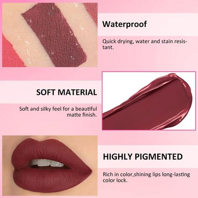 JUAAZIN Dark Scarlet Matte Liquid Lipstick, With Highly Pigmented and Rich Colors Lip Gloss, Long-Lasting Wear Non-Stick Cup Not Fade Waterproof Lipstick Makeup for Women(Dark Scarlet 06#)