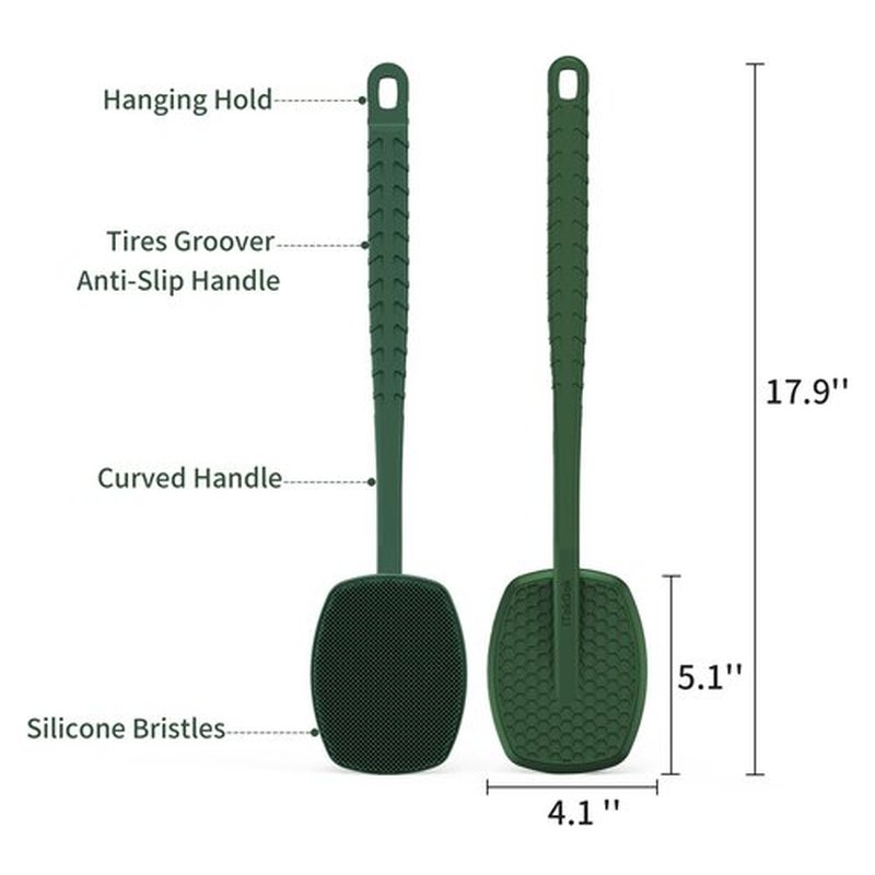 iTokGoK® All New Premium Silicone Back Scrubber with Tire Anti-Slip Long Handle for Shower, Gentle Exfoliating and Massage Brush Scrubber for Sensitive Skin for Men and Women (Midnight Green)