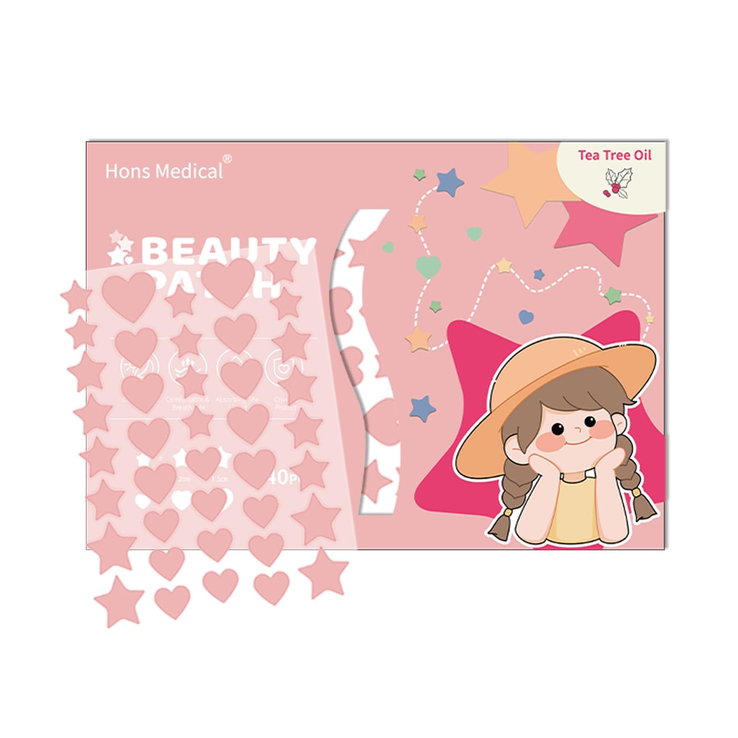 Hydrocolloid Pimple Patch Star Heart Acne Patches 3 Sizes 40 Counts Spot Blemish Stickers Zit Dot Colorful Cover Breakout Hiding Face Emergency Treatment(pink)