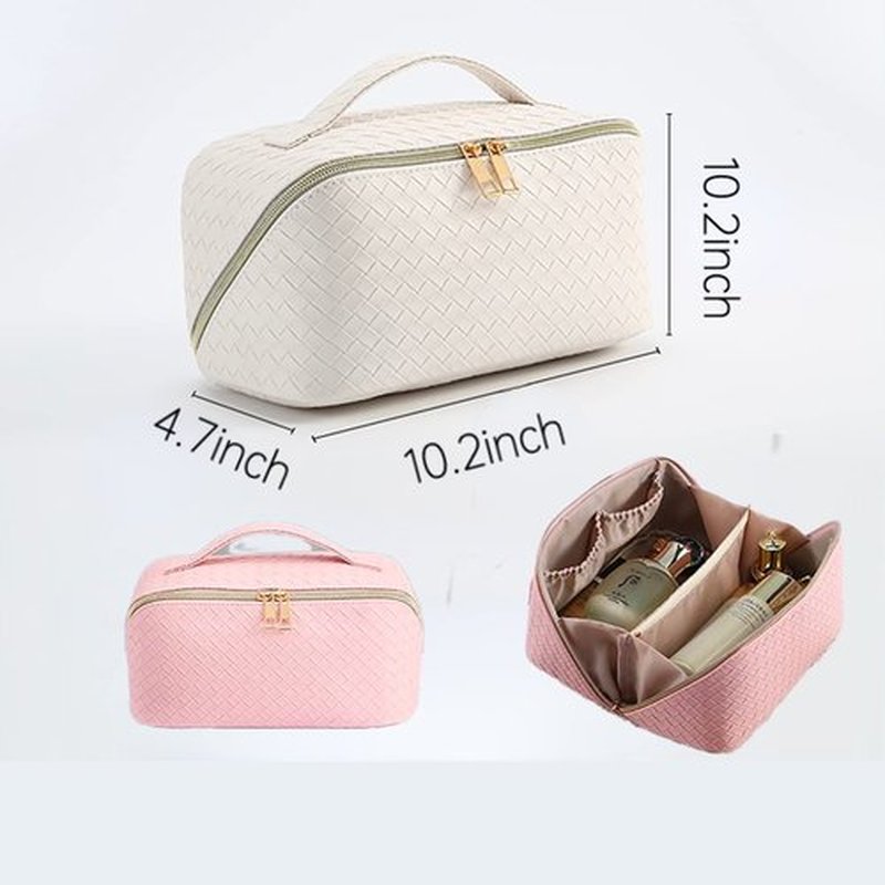 Large Capacity Makeup Bag, Cosmetic Bag Leather Woven Cosmetic Travel Bag Roomy Double Layer Makeup Bags for Women Makeup Pouch Portable Zipper Bags (White)