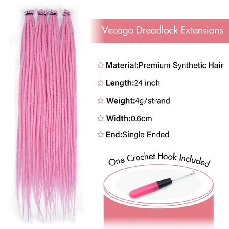 Vecago 24 Inch Dreadlock Hair Extensions, 40 Strands SE Thin 0.6cm Width Dreadlock Extensions, Synthetic Handmade Soft Hippie Style Dreadlocks for Woman,Pink
