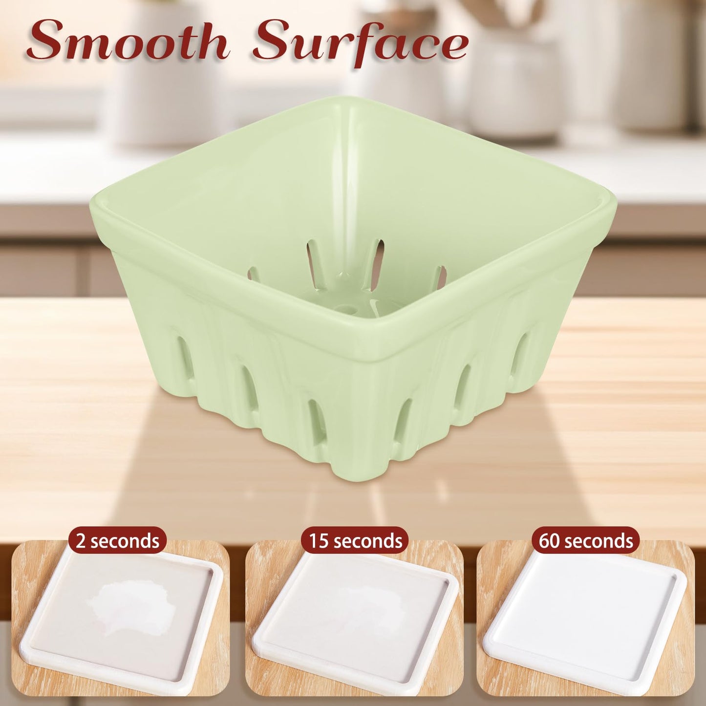LemonRoad 3 Pcs Ceramic Berry Basket, 5.7" Square Fruit Bowl Colander Container with 1 Coaster 1 Sandpaper for Strawberry Grape Farmhouse Kitchen Decor, Summer BBQ Party Supplies(Light Green)