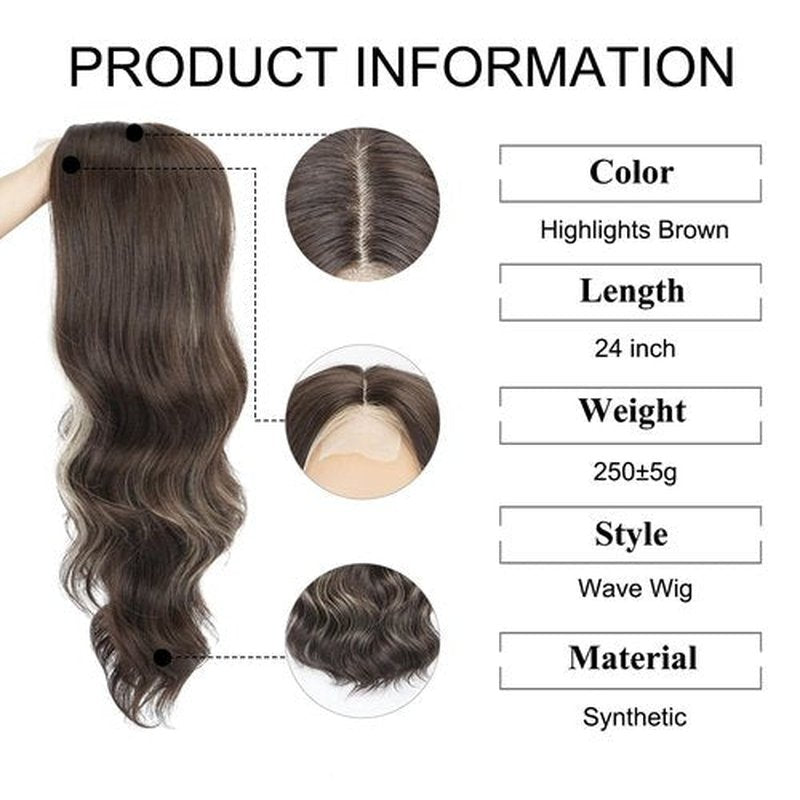 Long Brown Mixed Blonde Wig for Women 24 Inch Brown Wavy Wig Synthetic Middle Part Highlights Color Wigs Natural Looking Heat Resistant Fiber Wig for Daily Party Use (Brown Mixed Blonde)