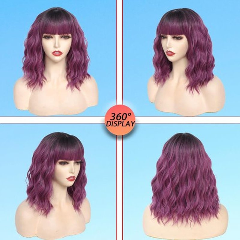 Short Wavy Purple Wig with Bangs 14inch Ombre Purple Wigs for Women Short Curly Bob Wigs Synthetic Natural Looking Hair Replacement Wigs Costume Cosplay Halloween Wig(14'' Purple)