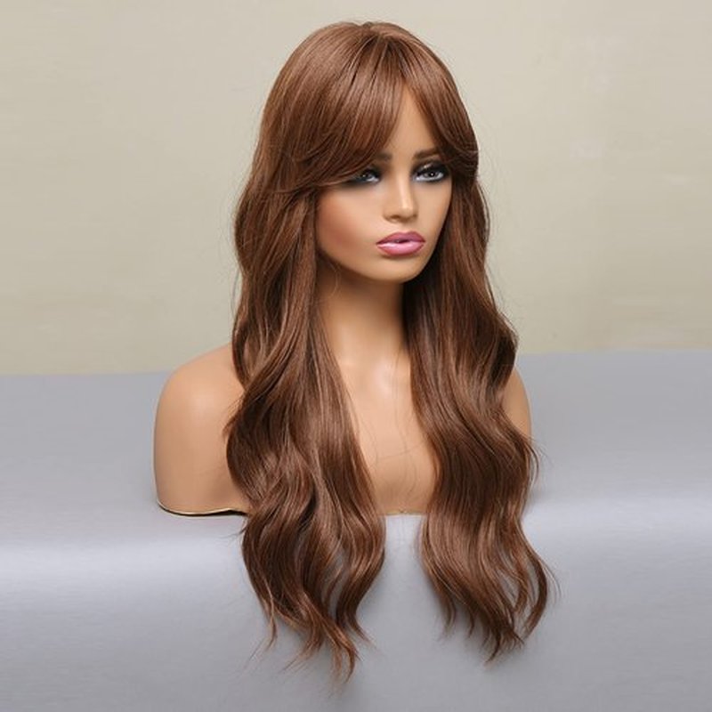 BERON Brown Wigs Long Wavy Women Wigs with Bangs Light Brown Curly Heat Resistant Synthetic Wigs for Daily Wigs Wig Cap Included