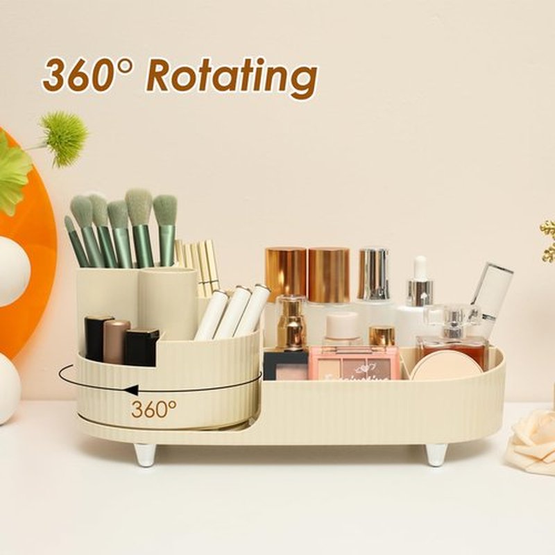 Makeup Organizer Countertop Rotating Makeup Organizer for Vanity Large Capacity Cosmetic Display Case with Makeup Brush Holder Cosmetic Organizer Countertop（Cream）