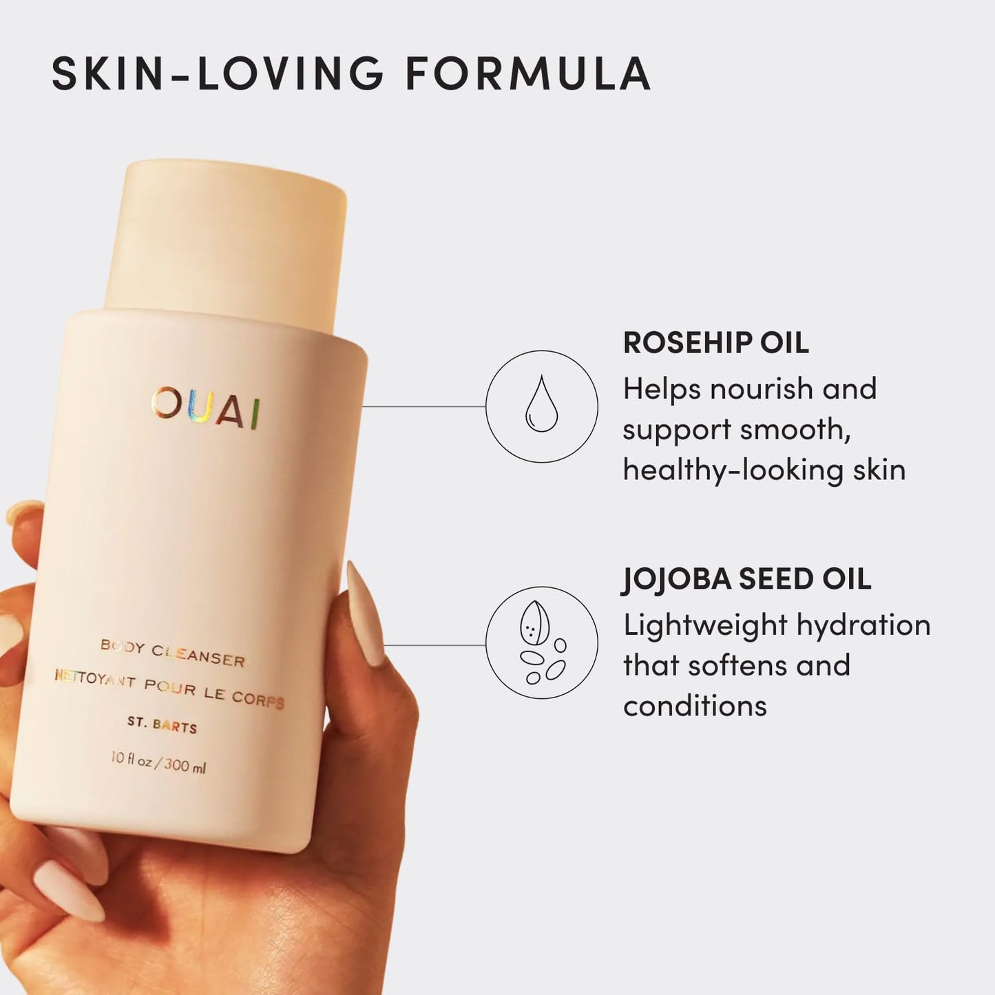 OUAI Body Cleanser, St. Barts Travel Size - Foaming Body Wash with Jojoba Oil & Rosehip Oil to Hydrate, Balance & Soften Skin - Paraben, Phthalate & Sulfate Free Skin Care Products (3 fl oz)
