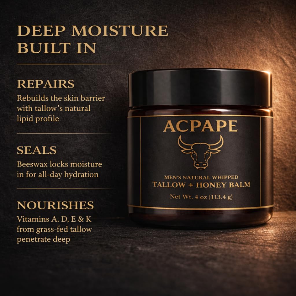 Acpape Beef Tallow for Skin — Men's Natural Whipped Tallow and Honey Balm | Grass-Fed Beef Tallow Face & Body Moisturizer for Men | Tallow Balm with Jojoba Oil, Olive Oil, Beeswax & Raw Honey | 4 oz