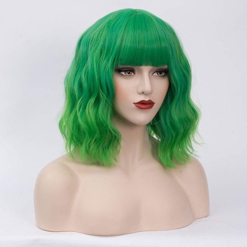 BUFASHION 14" Women Short Wavy Curly Wig Ombre Green Bob Wig Cosplay Halloween Synthetic Wigs Neat Bang Wig With Free Wig Cap (Ombre Green)
