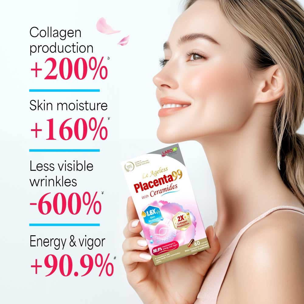 LABO Nutrition Le Ageless Placenta 99 with Ceramides -Placenta Supplement with Collagen Peptides, Oryza Ceramides-Skin Regeneration, Hydration, Anti-Aging Wrinkle Support, Immune Health, 60 Capsulesx3